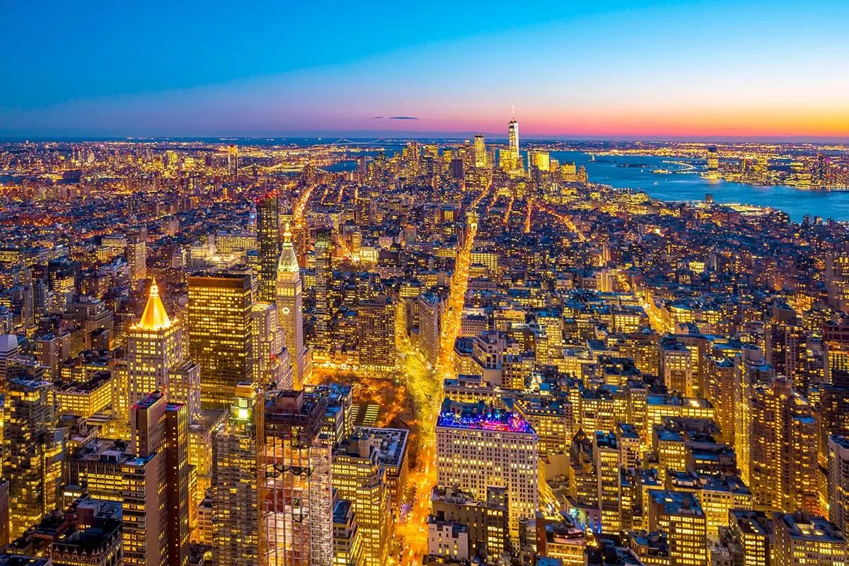 Manhattan aerial view at sunset from Empire State Building observation deck