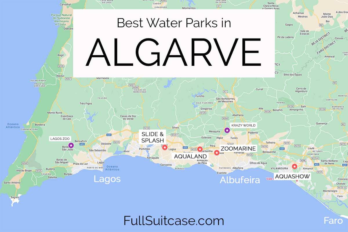 Map of the best water parks in Algarve Portugal