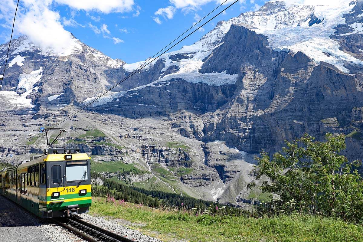 Mountain train near Wengen in Switzerland