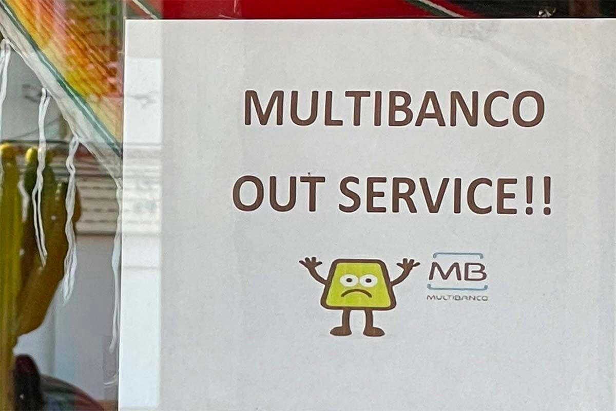 Multibanco out of service sign at a restaurant in Algarve Portugal