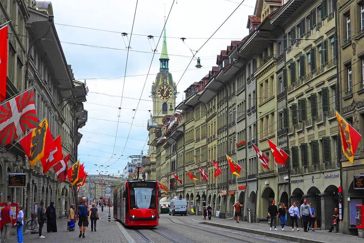 Red tram in Bern old town, Switzerland
