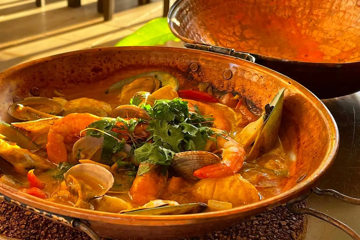 Seafood Cataplana - traditional dish at a local restaurant in Algarve Portugal
