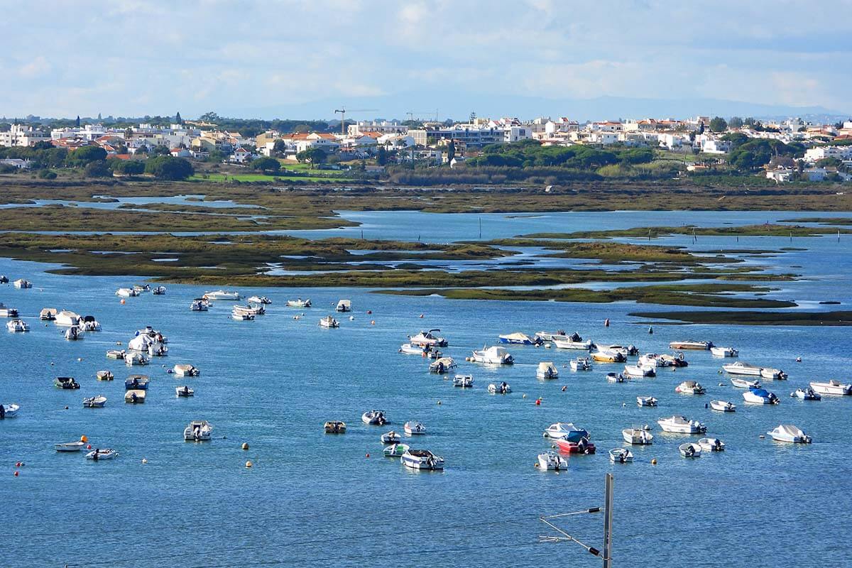 Boats on Ria Formosa lagoon as seen from Faro Cathedral rooftop