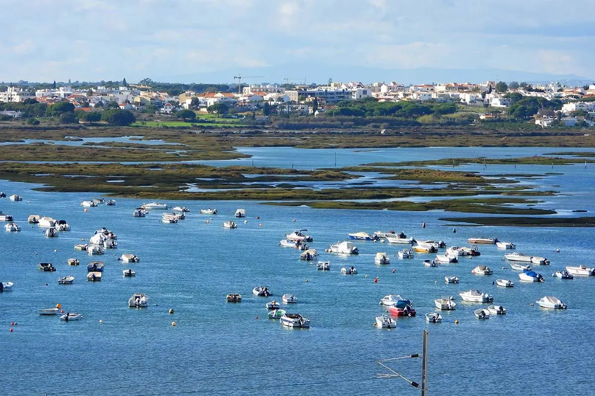 Boats on Ria Formosa lagoon as seen from Faro Cathedral rooftop