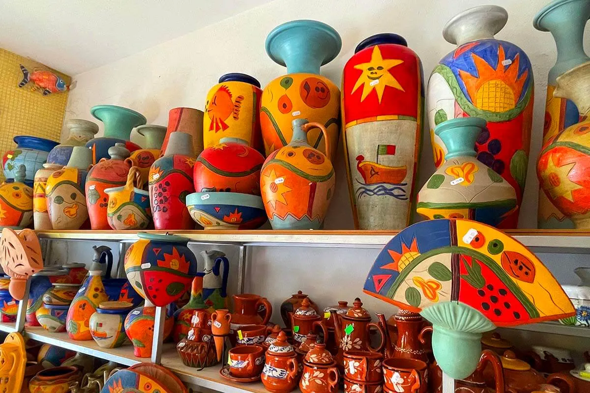 Colorful pottery for sale at a local store in Alte Portugal