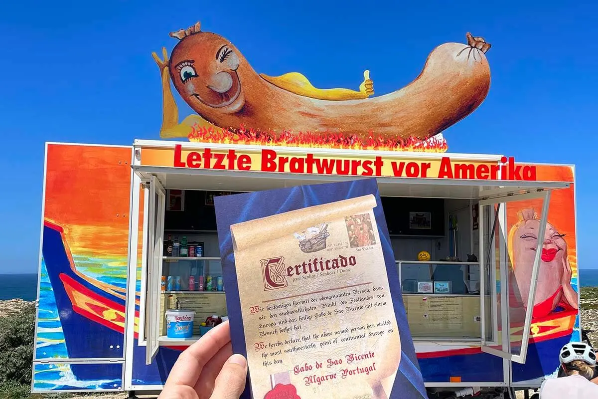 Last bratwurst before America food stand and Cape St Vincent certificate, Sagres Portugal