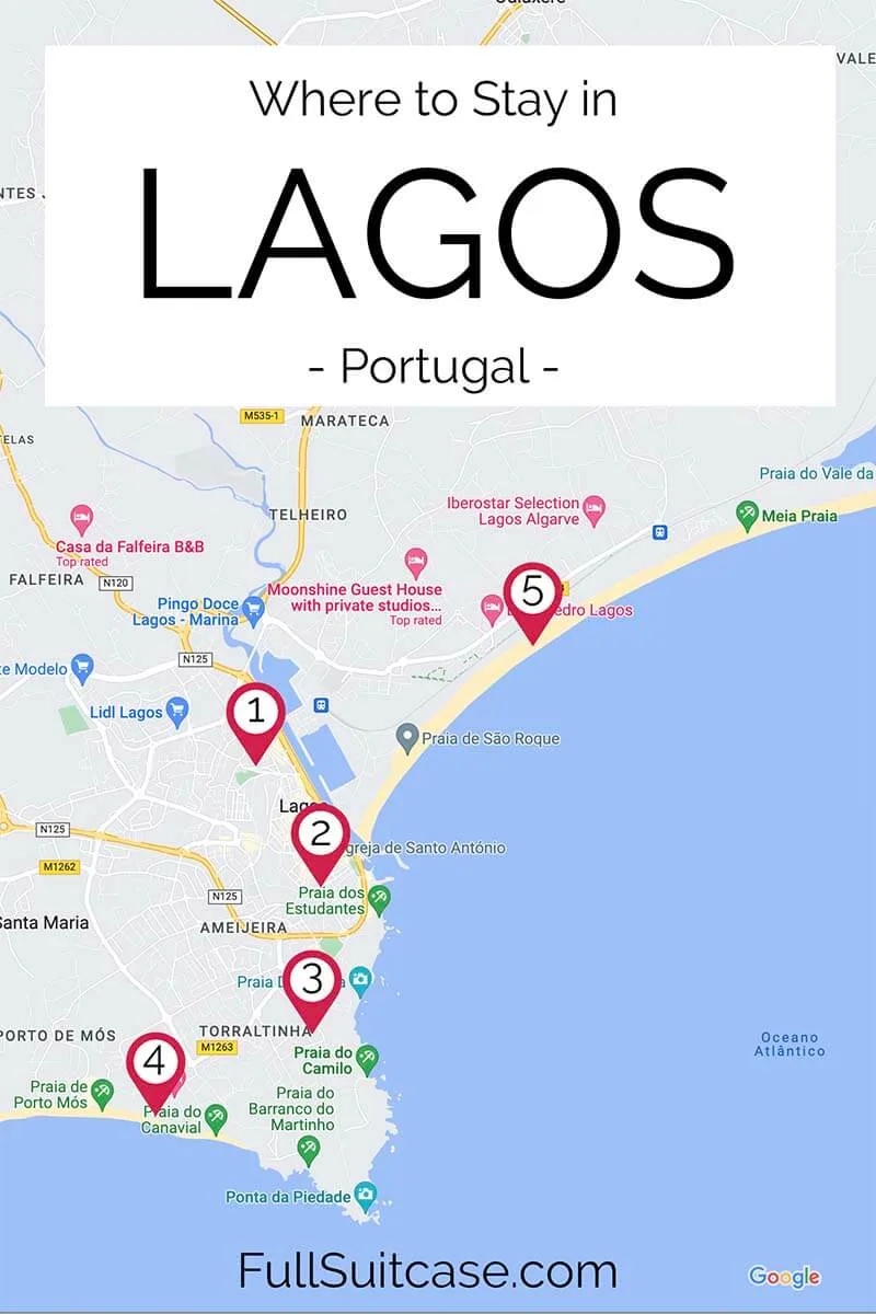 Map of the best areas to stay in Lagos Portugal