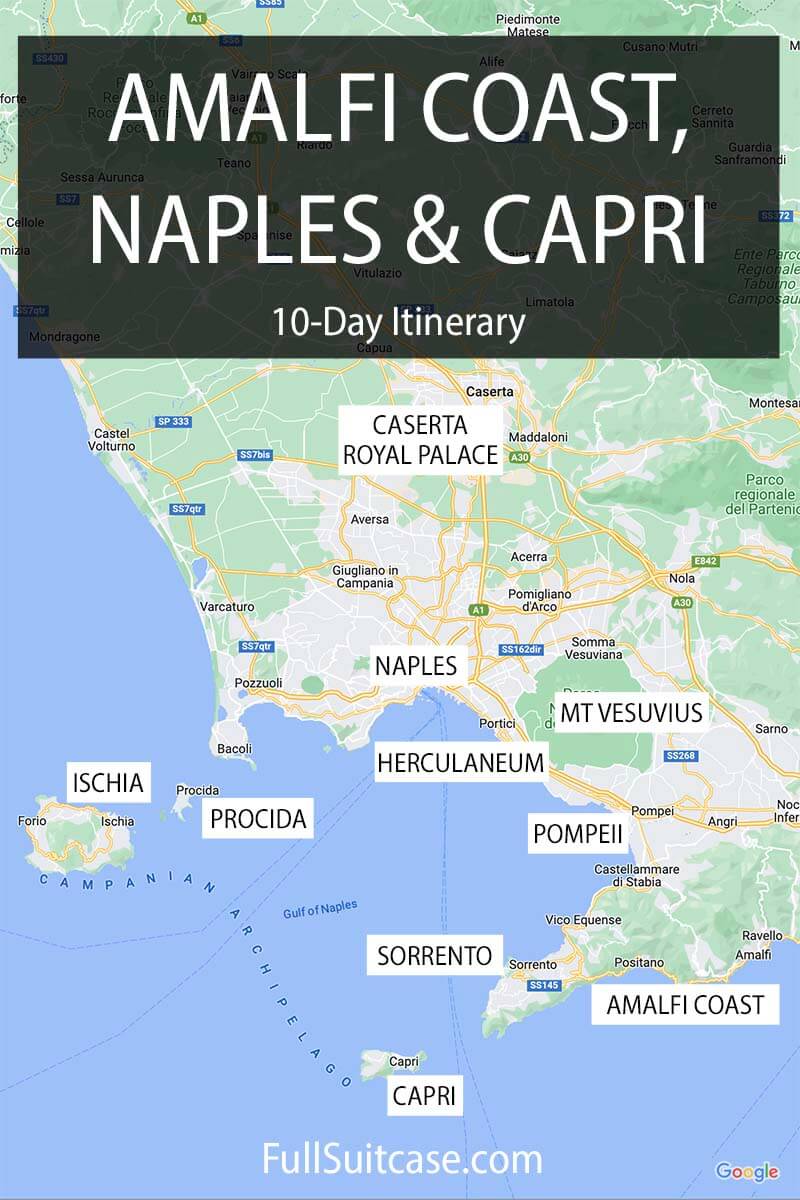 Map of places to visit on 10 day itinerary for Naples, Amalfi Coast, Capri, Pompeii, and other places nearby