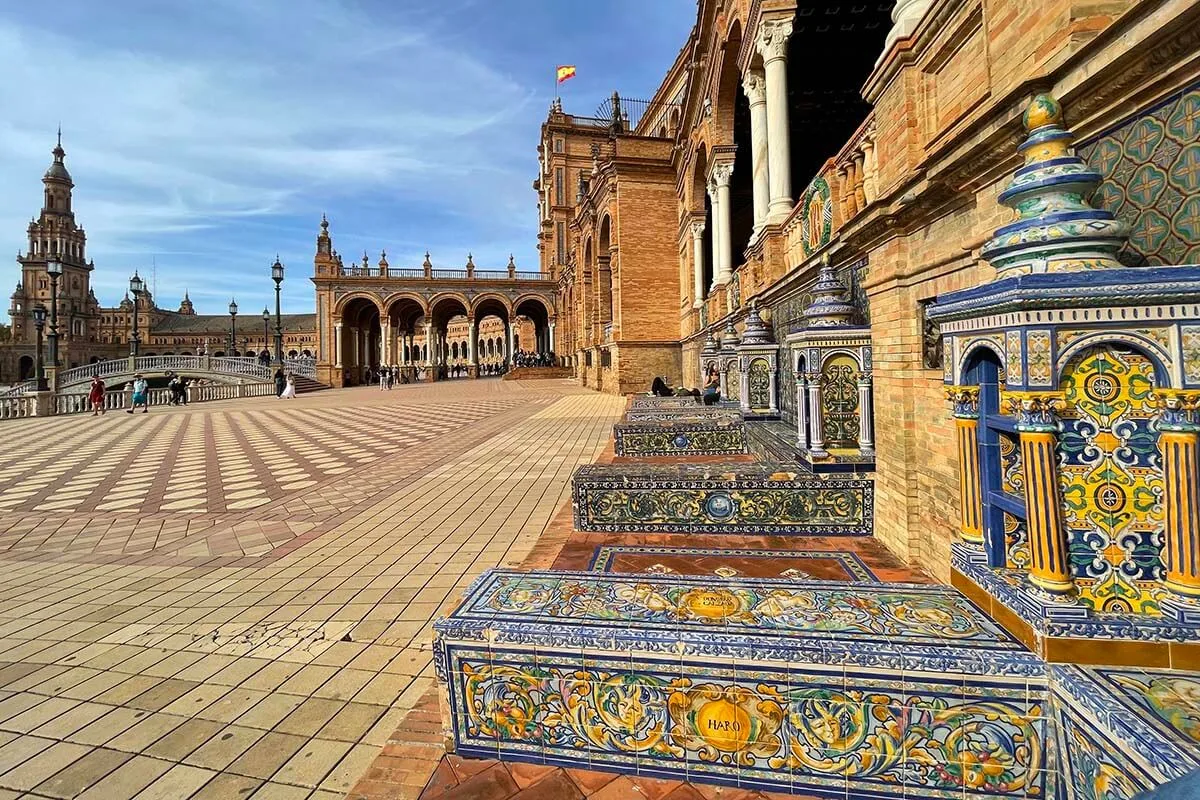 Azulejo tiles at Plaza de Espana in Seville Spain