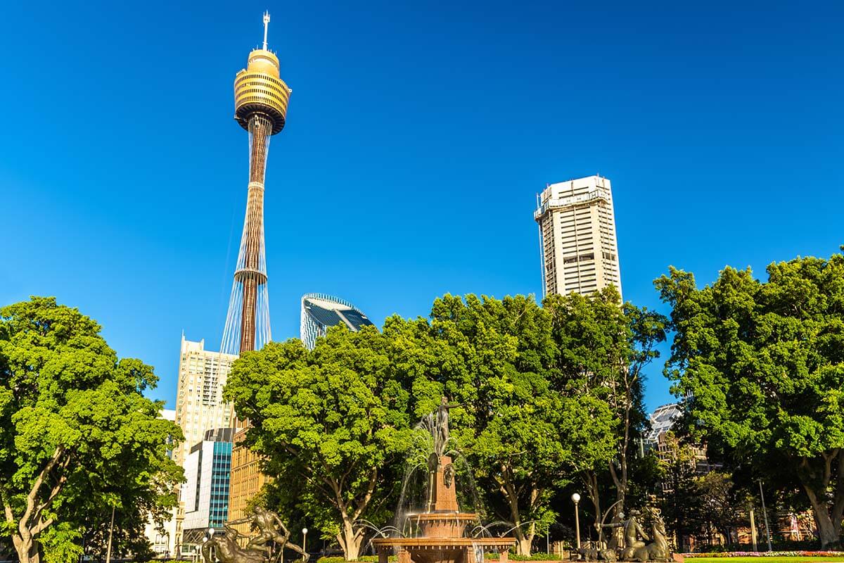 Sydney Hyde Park fountain and Sydney Tower Eye