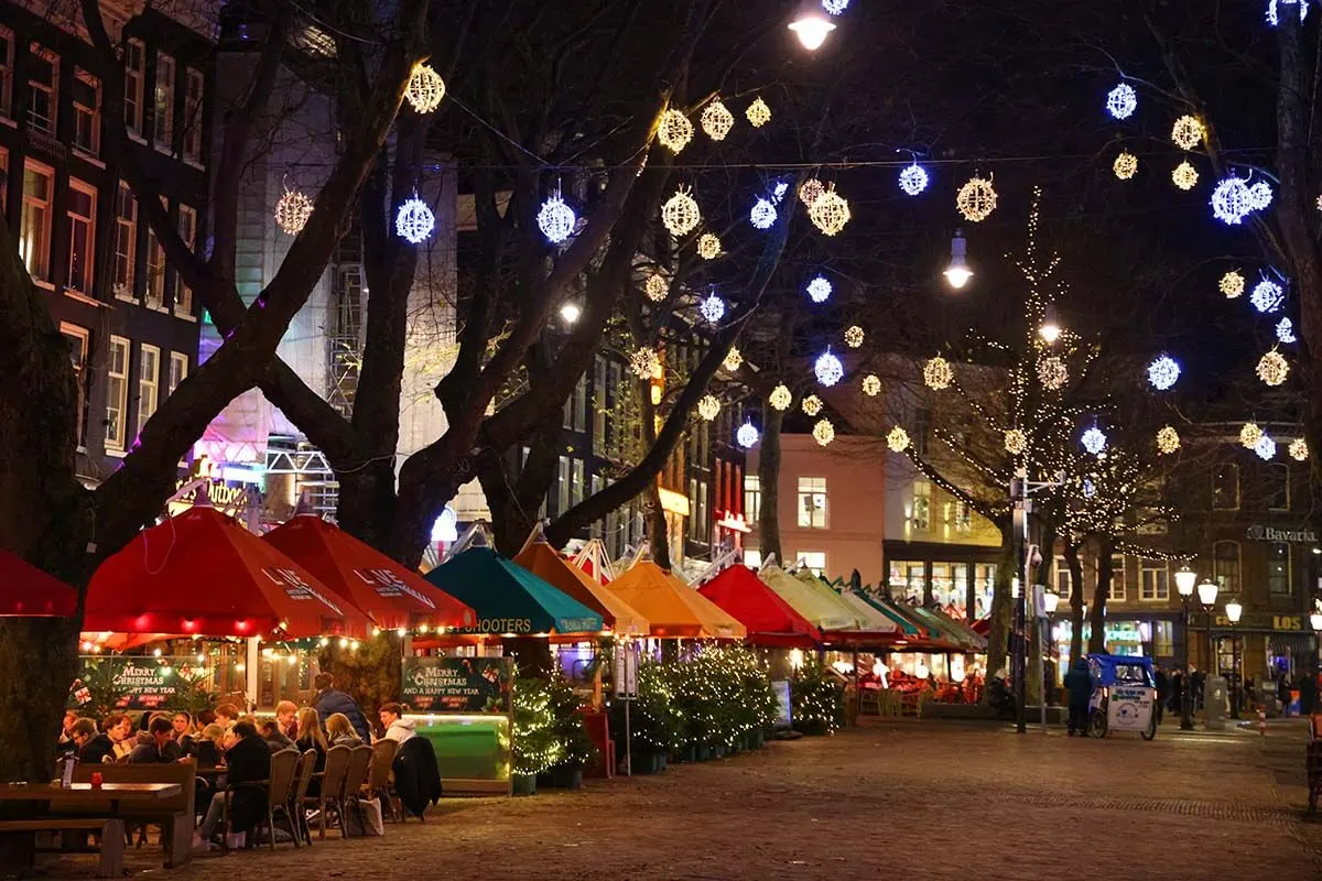 Christmas lights and decorations in Amsterdam old town (Thorbeckeplein)