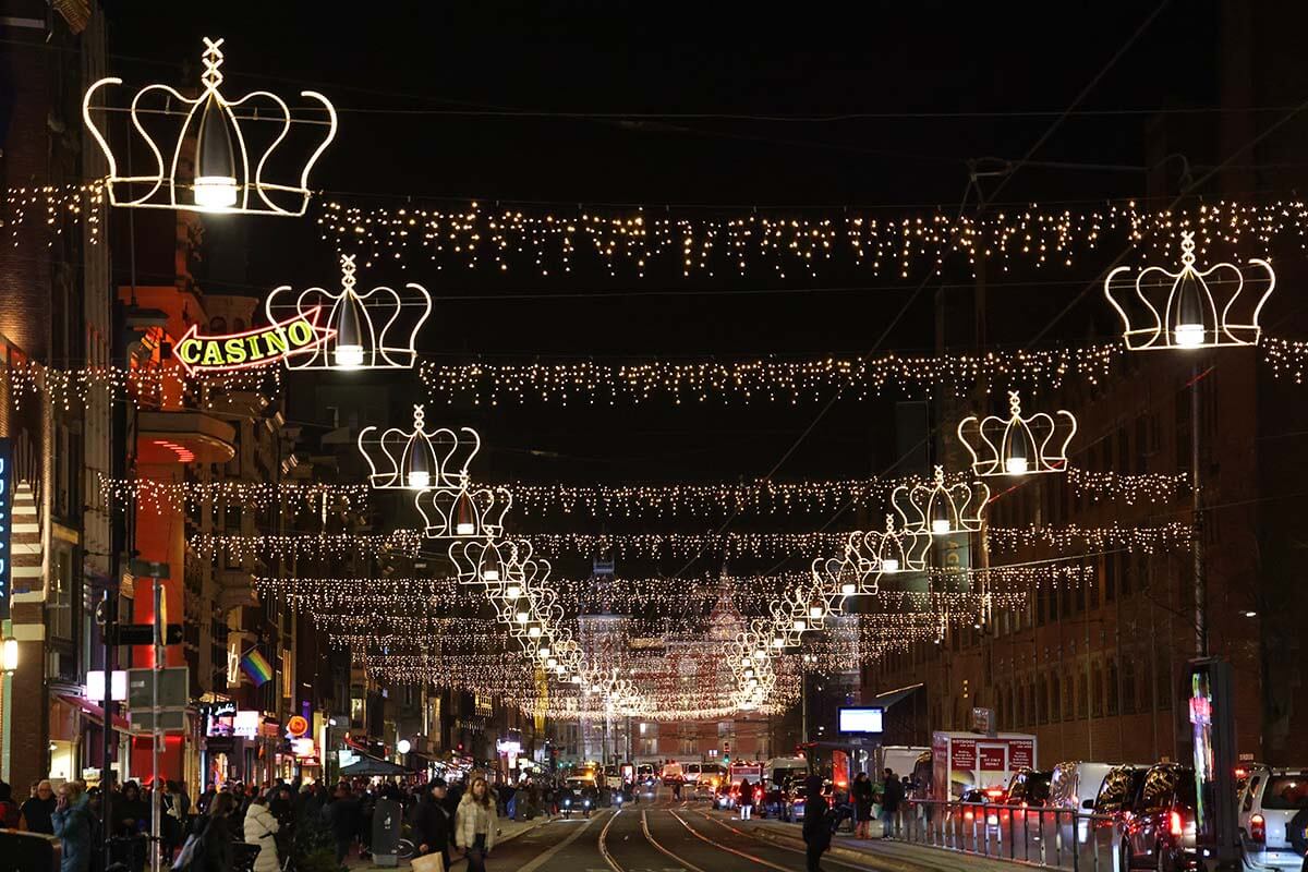 Christmas lights on Damrak Amsterdam