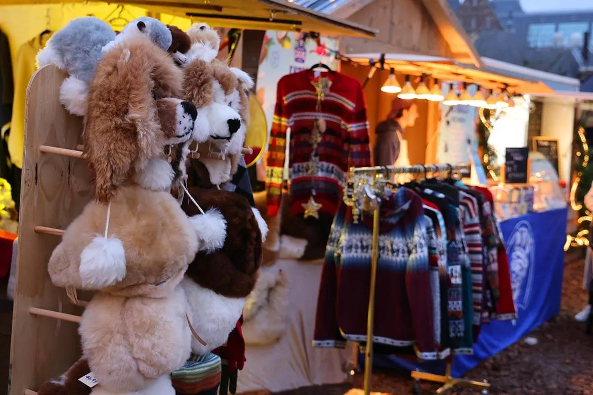 Cute winter hats and wool sweaters for sale at the Amsterdam Christmas Market