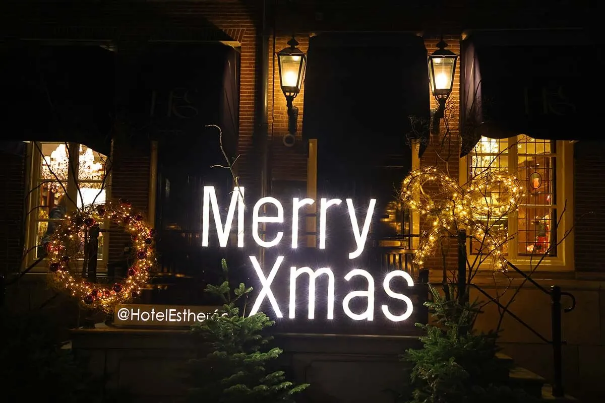 Merry Christmas sign at Hotel Estherea in Amsterdam