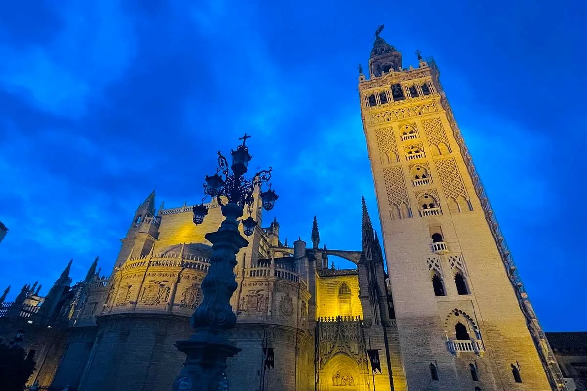 Seville Cathedral and Giralda Tower lit in the dark