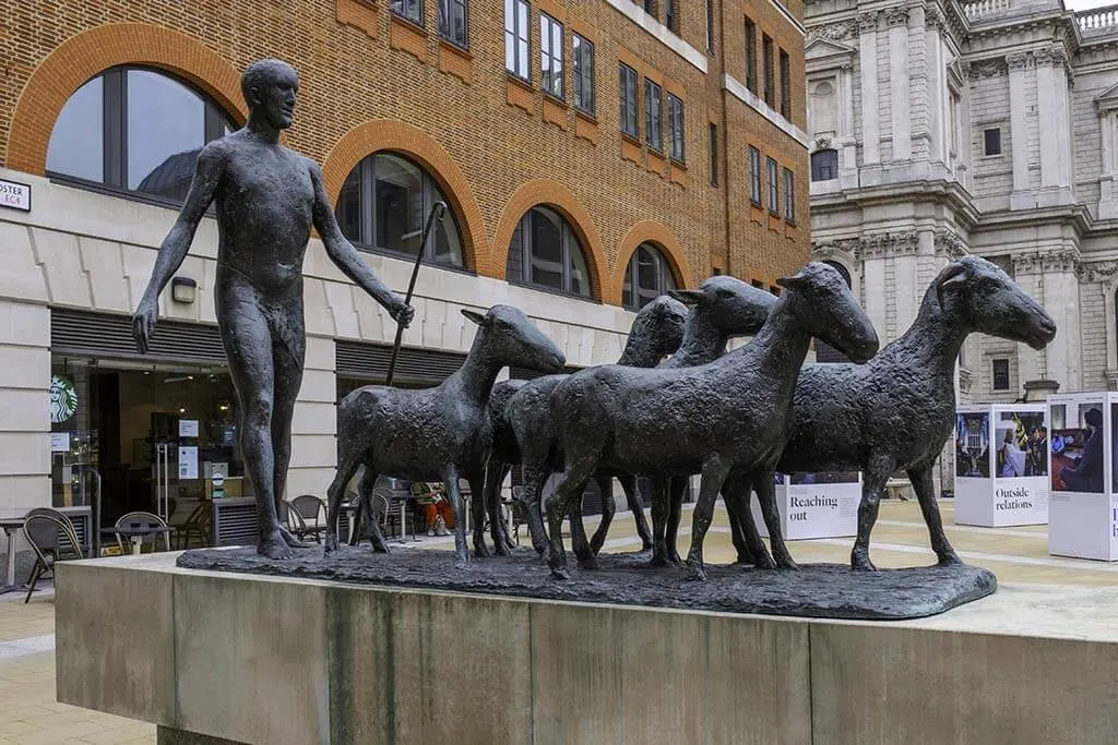 Shepherd and Sheep sculpture on Paternoster Square in London