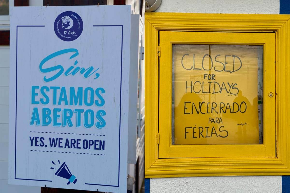 Algarve beach restaurant open and closed signs in December