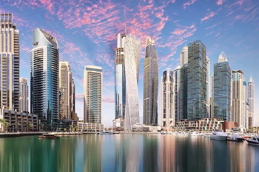 Dubai skyscrapers seen from a boat