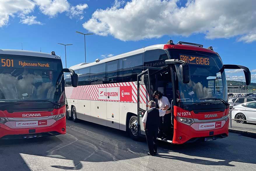 Flybussen airport buses at Evenes Narvik Airport in Norway