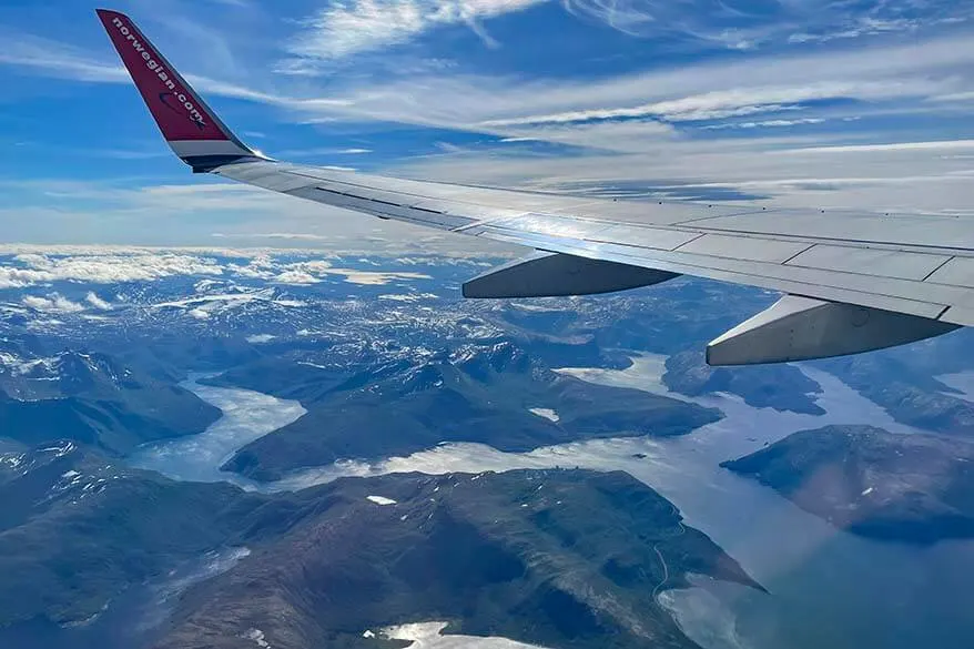 Norwegian airlines flying over Lofoten Islands airplane view