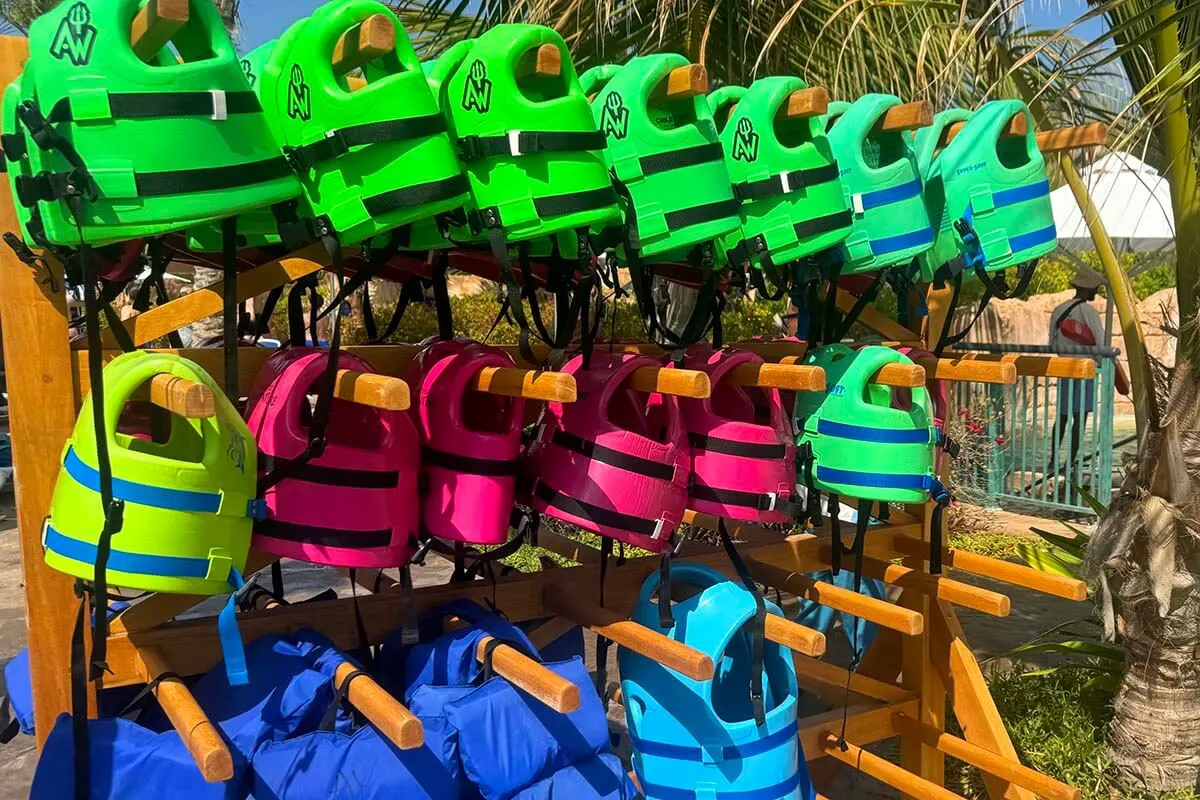 Colorful life jackets at Aquaventure water park, Atlantis Dubai