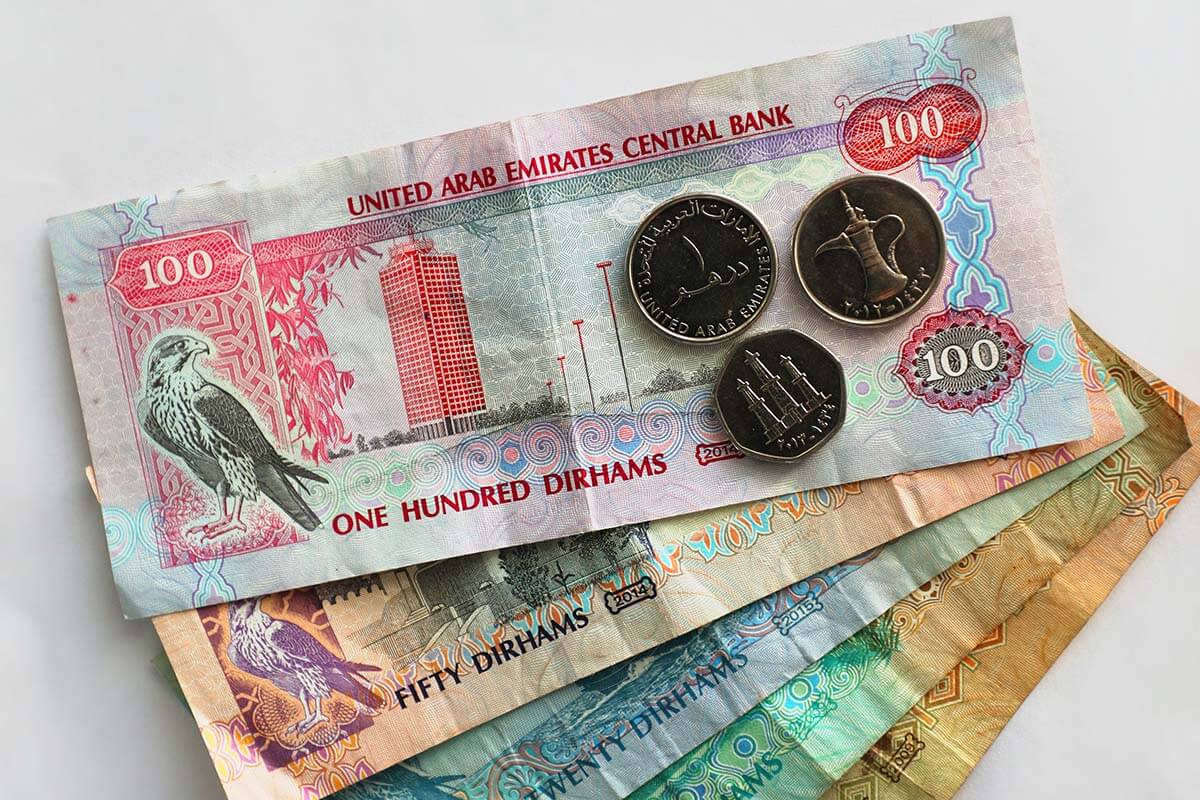Dubai currency - United Arab Emirates Dirham notes and coins