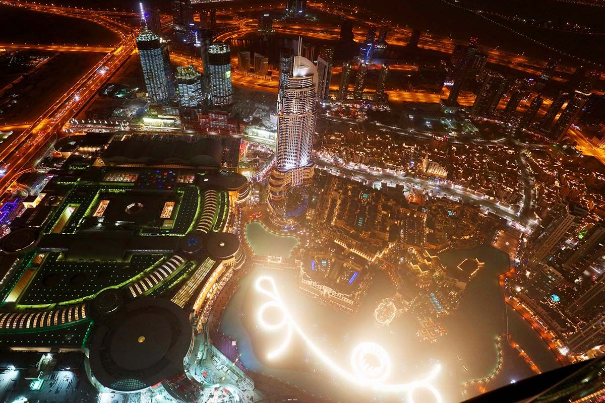 Downtown Dubai aerial view from Burj Khalifa at night