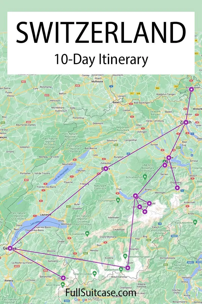 Map of Switzerland itinerary with places to visit in 10 days