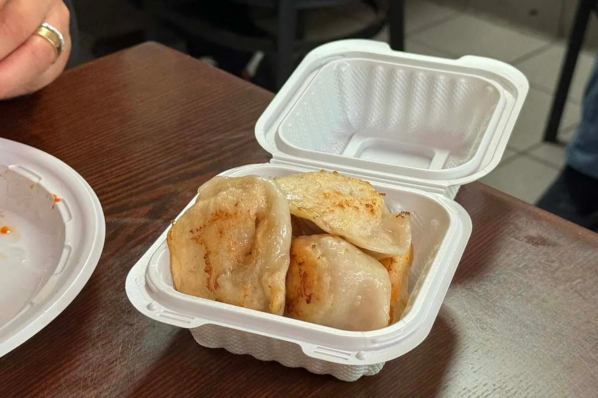Chinese dumplings in a plastic take-home box - American habits