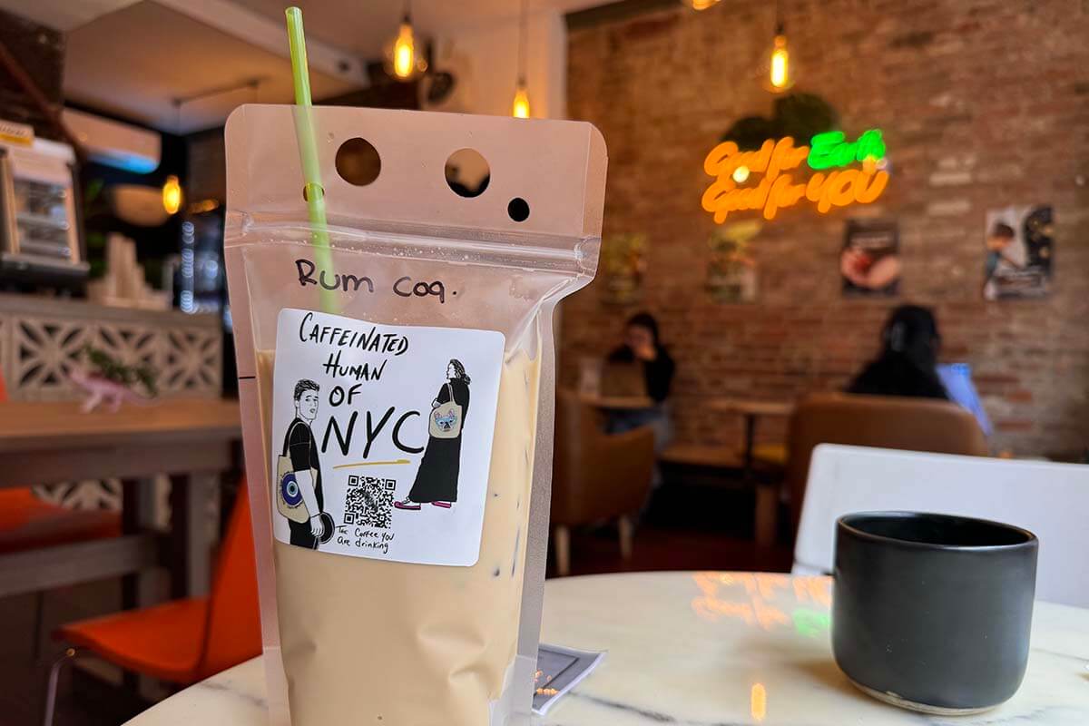 Iced coffee in a plastic sippy bag in a coffee shop in New York USA