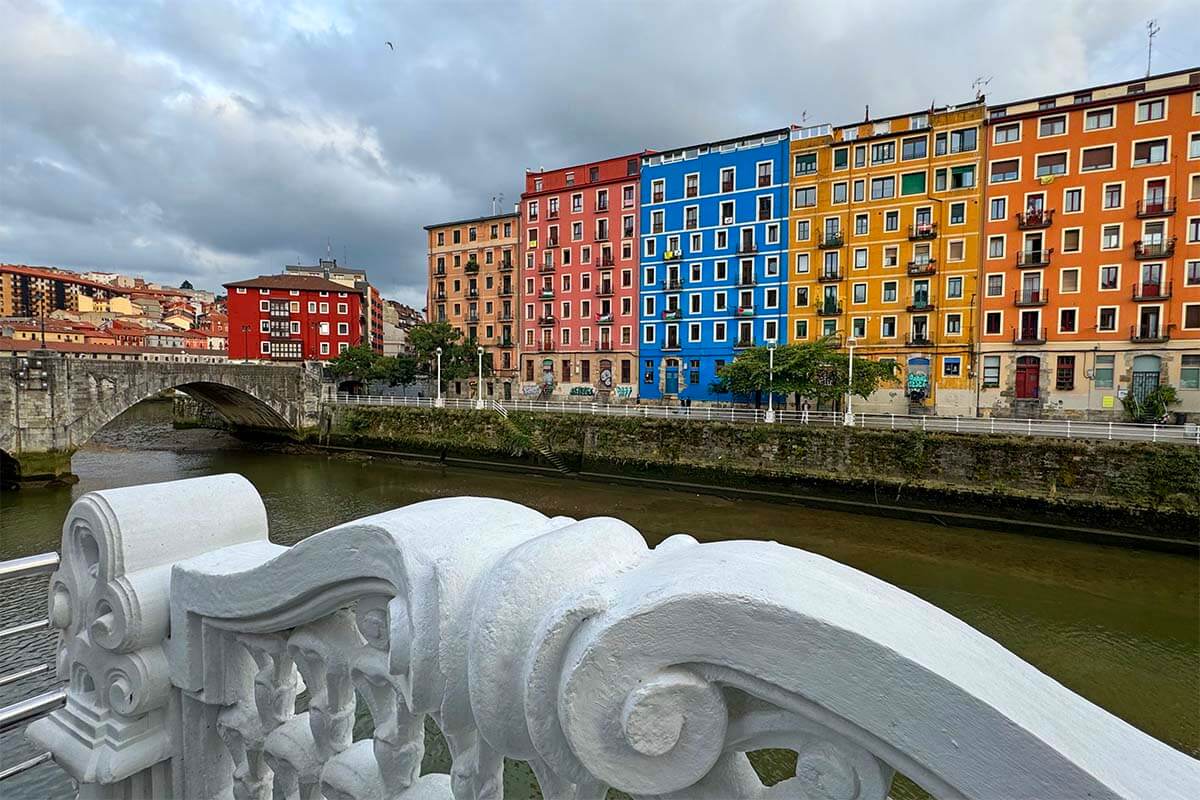 Colorful buildings by the Nervion River in Bilbao old town