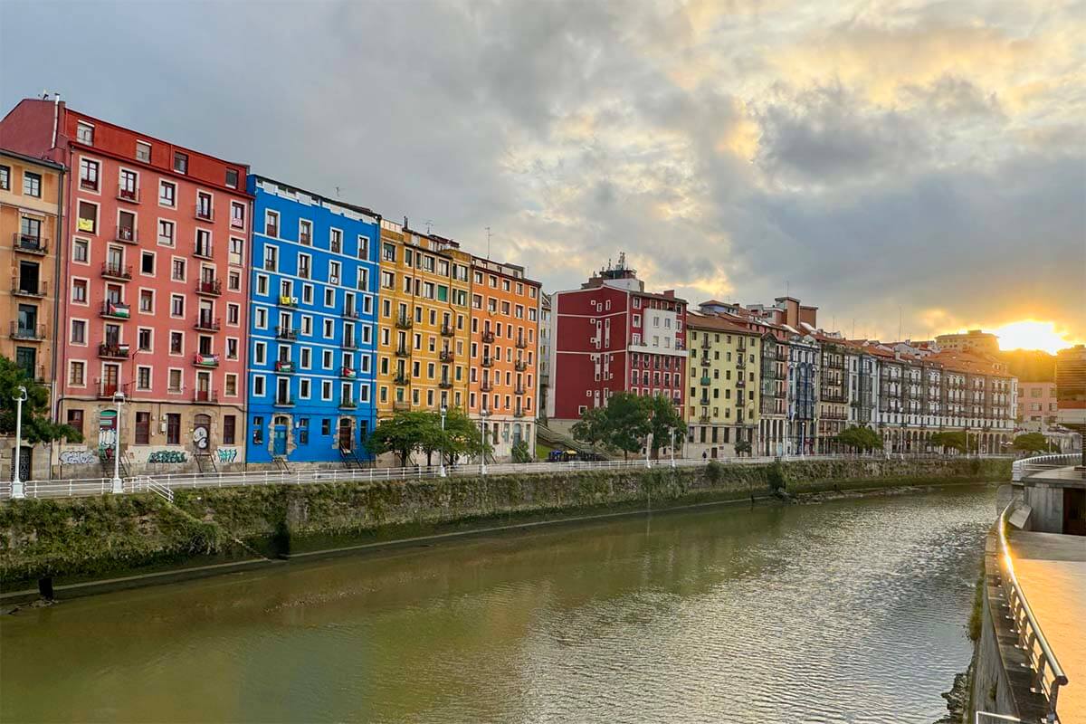 Colorful buildings by the river in Bilbao old town