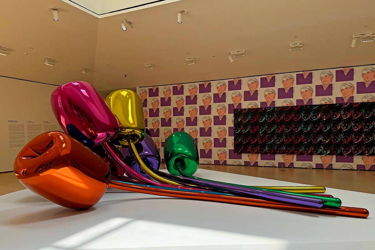 Colorful flowers inside Guggenheim Bilbao Museum in Spain