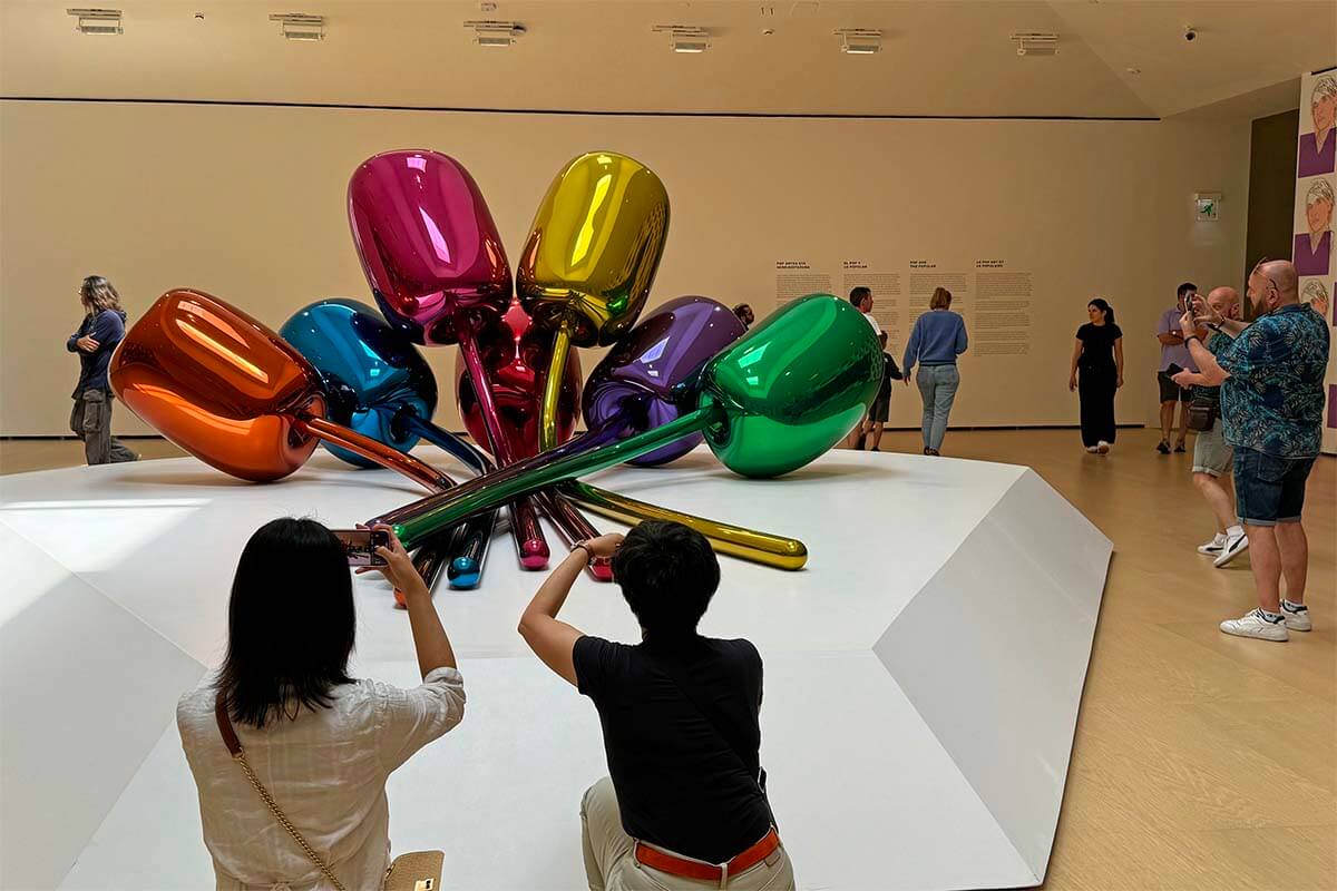 Colorful tulips at Guggenheim Museum Bilbao in Basque Country Spain