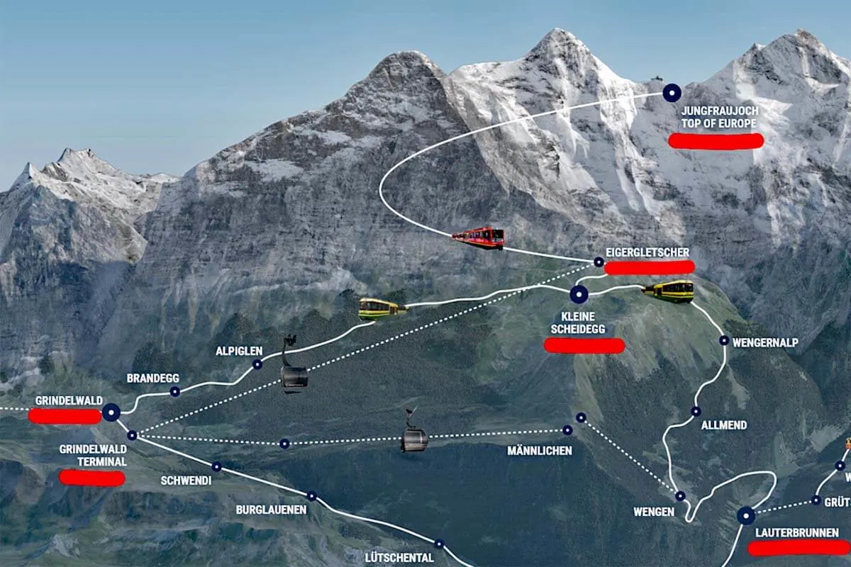 Jungfrau Region map showing how to get to Jungfraujoch