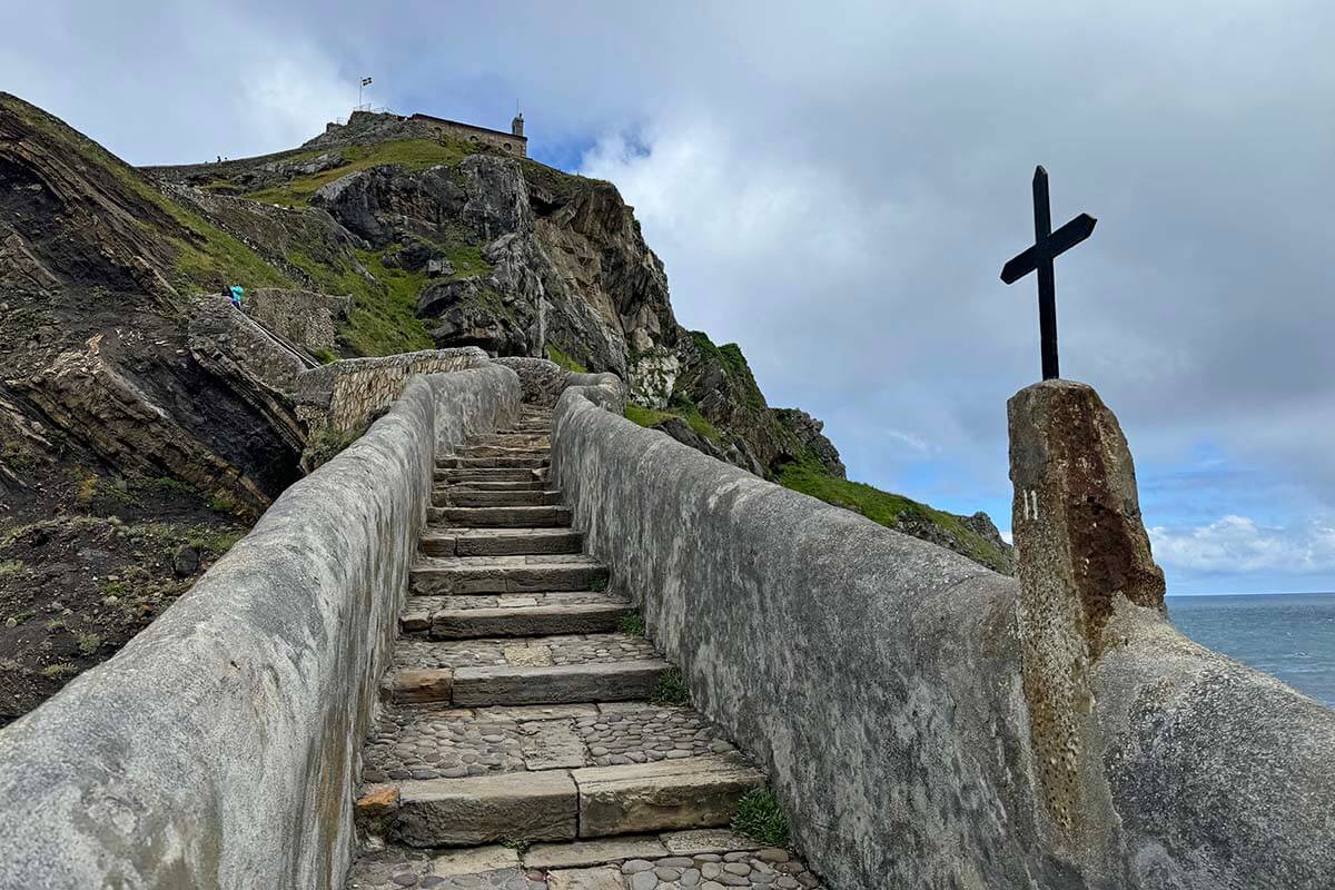 Steep stone stairs of Gaztelugatxe with Stations of the Cross