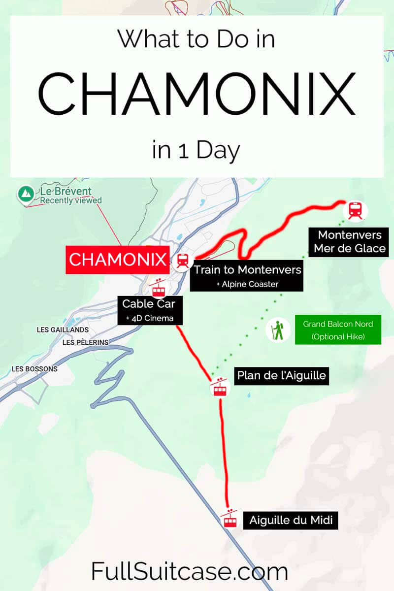 Map of top places and things to do in Chamonix in one day