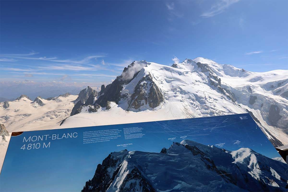 Mont Blanc mountain and info board at Aiguille du Midi