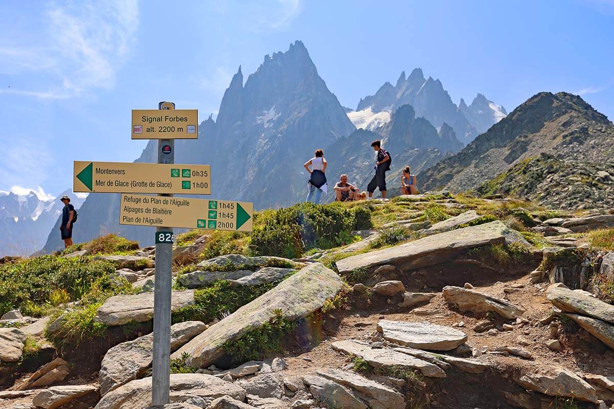 Signal Forbes peak and hiking signs, Chamonix