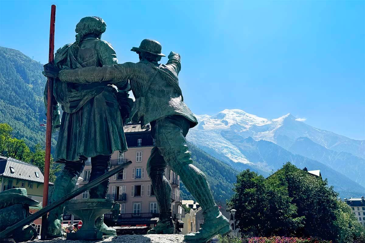 Statue of Balmat and de Saussure and Mont Blanc in Chamonix France