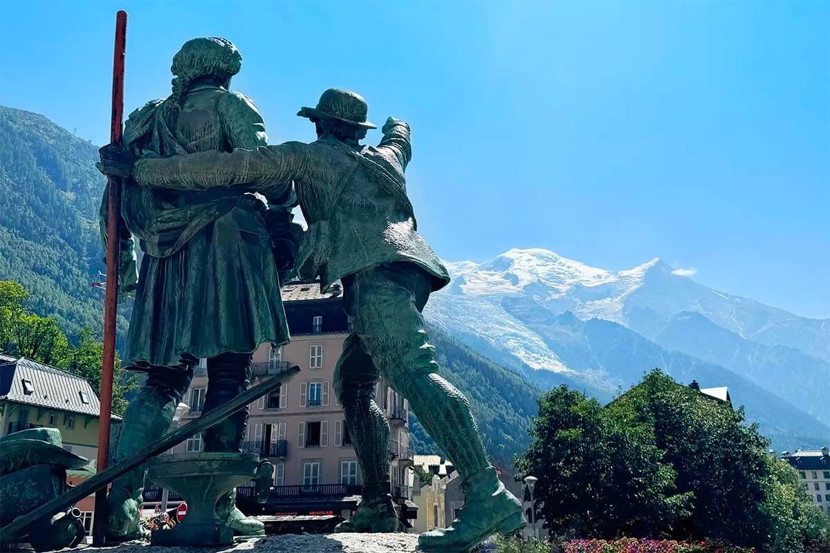 Statue of Balmat and de Saussure and Mont Blanc in Chamonix France