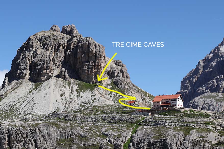 Tre Cime caves behind Rifugio Locatelli