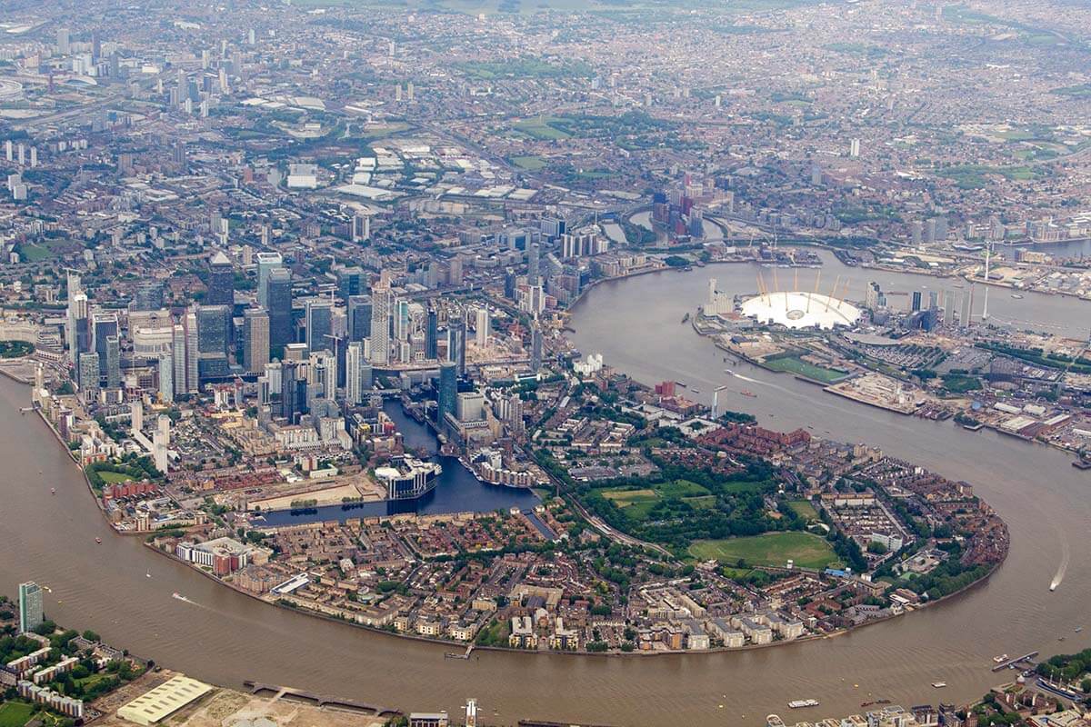 Aerial view of Canary Wharf and Isle of Dogs in London UK