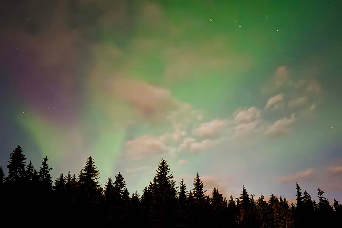 Green and purple Northern Lights in Seward Alaska