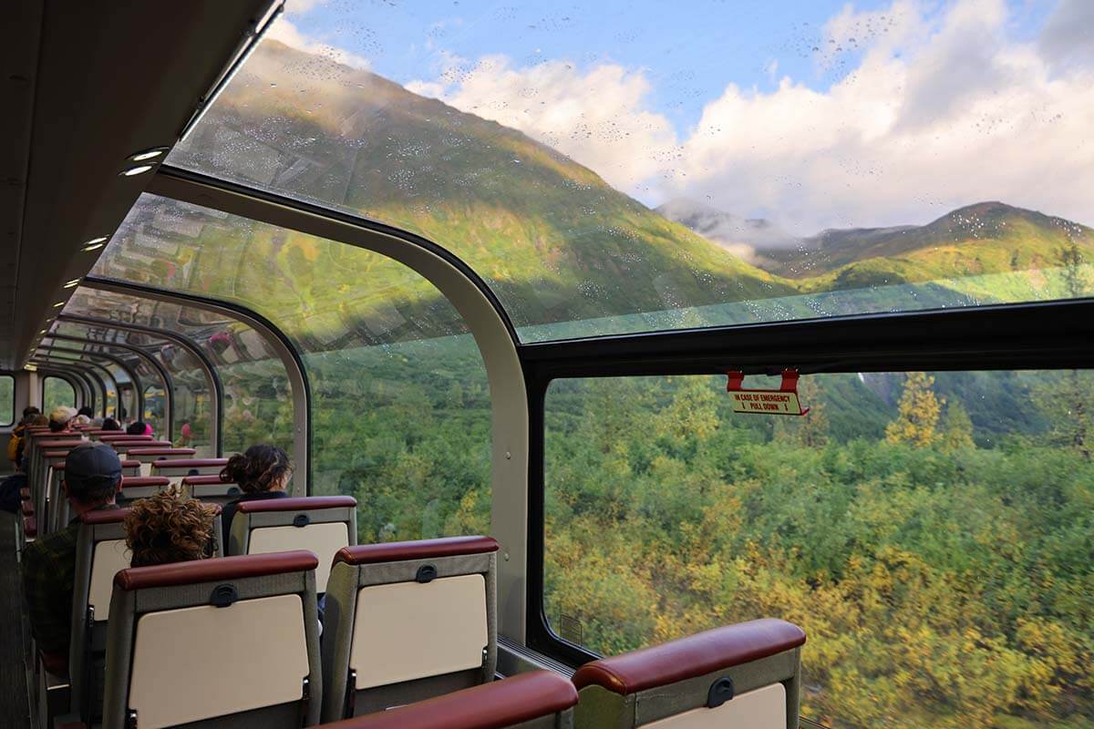 Alaska Railroad GoldStar train car with glass ceilings and panoramic views