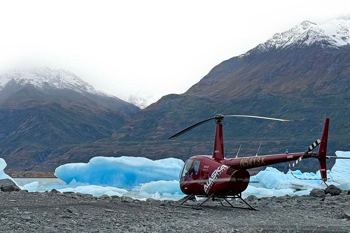 Helicopter landing at Inner Lake George - Knik Glacier tour Alaska