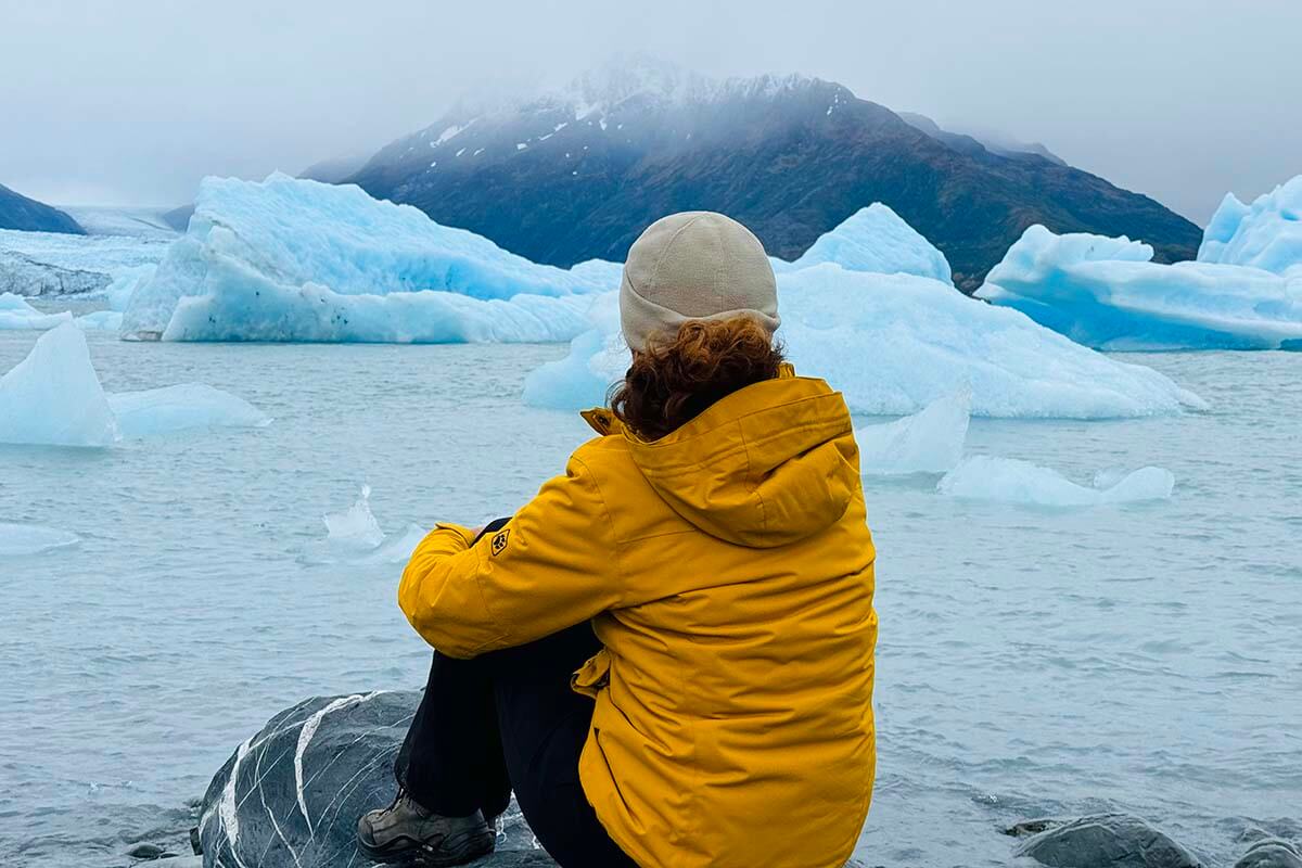 Jurga looking at icebergs on Inner Lake George in Alaska