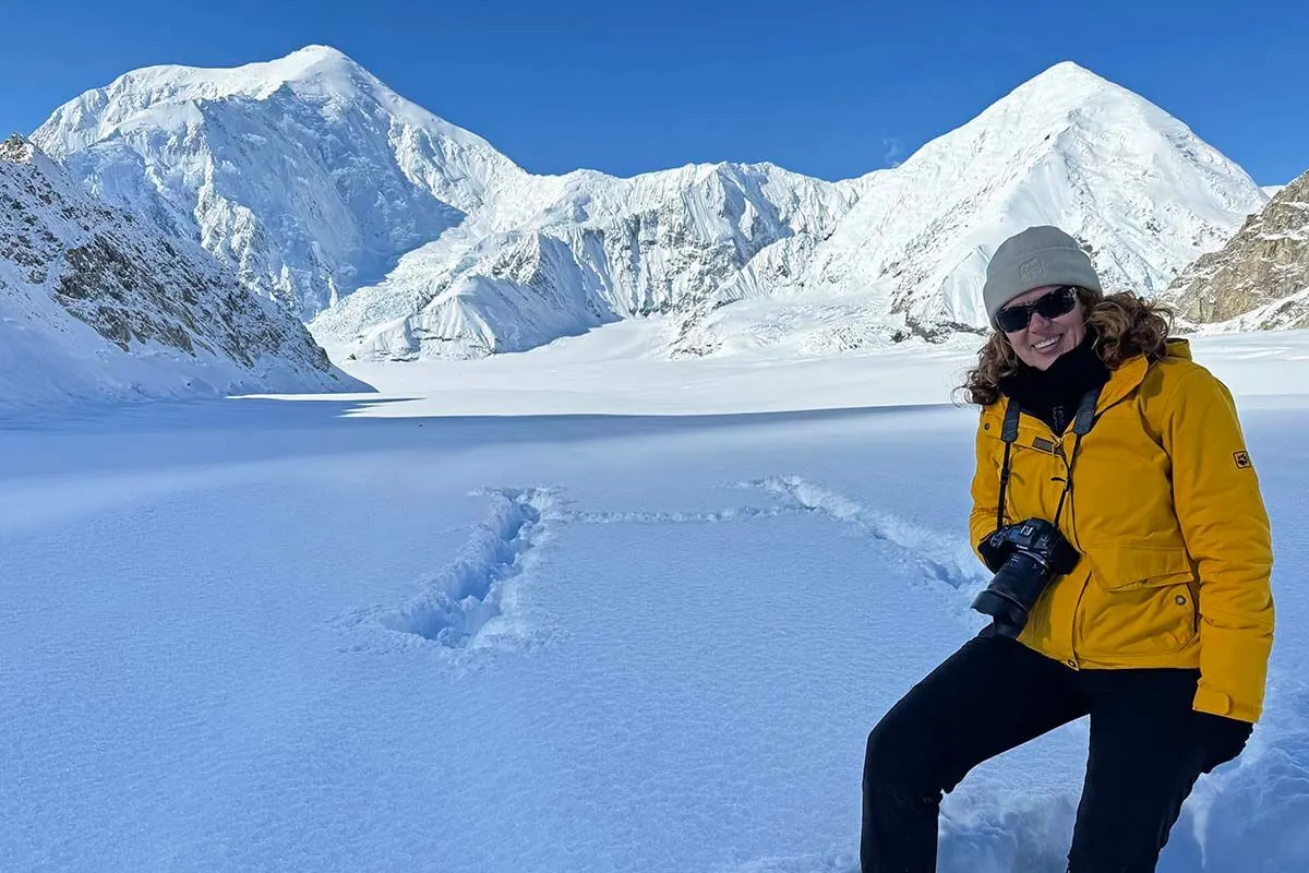 Jurga on a glacier in front of Mt Denali