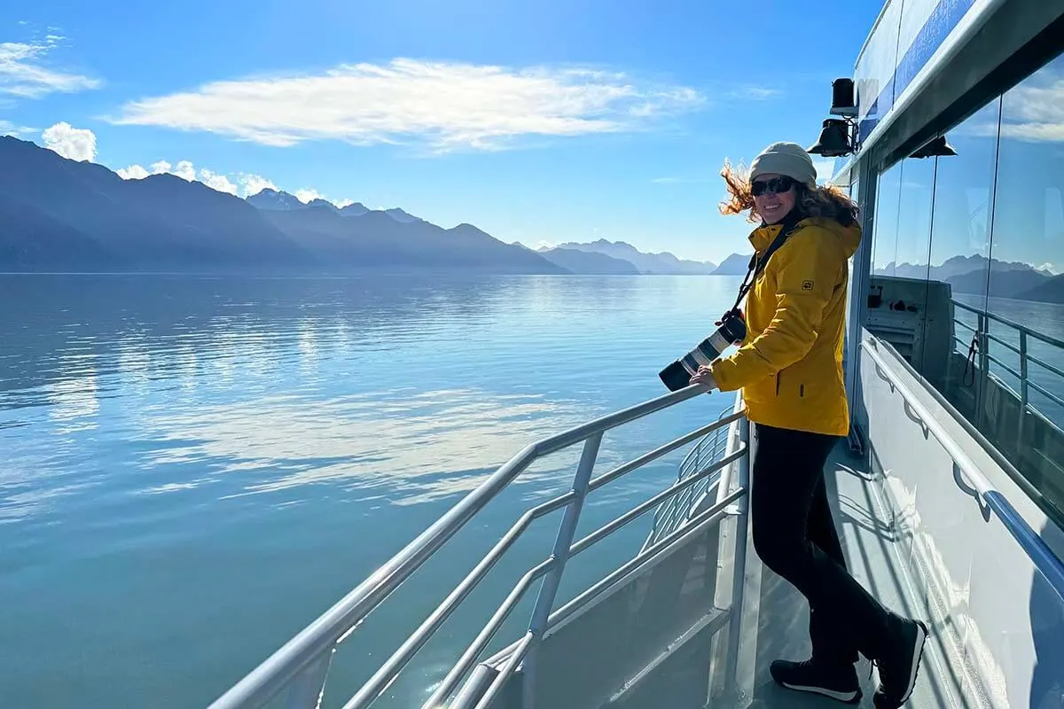 Jurga on the deck of a boat cruise to Kenai Fjords National Park in Alaska