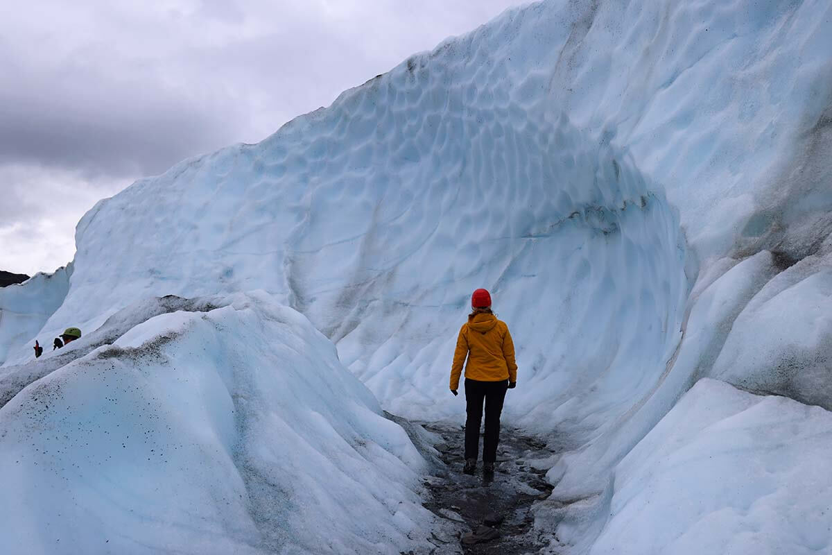 Jurga walking on ice at Matanuska Glacier in Alaska